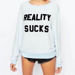 Wildfox ‘Reality Sucks’ Graphic Pullover in Light Blue | Medium